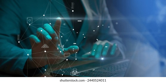 Cg tech collage. Against the background of a silhouette of an employee with a laptop, a polygonal network with icons with symbols of digitalization of the banking sector and AI database protection. - Powered by Shutterstock