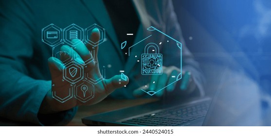 Cg tech collage. Against the background of a silhouette of an employee with a laptop with icons with symbols of digitalization of the banking sector and AI database protection. - Powered by Shutterstock