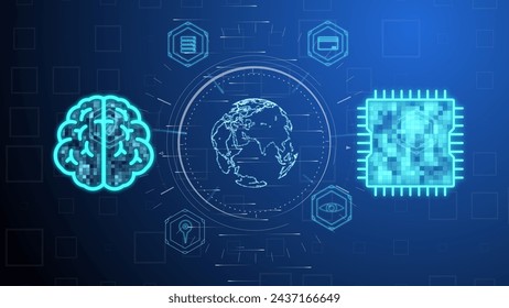 Cg tech collage. A digital human brain and an AI between which rays of information move against the backdrop of a world map on a blue background. The concept of protecting personal biometric data.