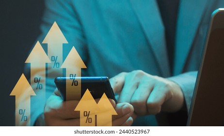 Cg tech collage. Graph of growth in participation in the work of AI in the financial sector against the background of a Businessman working on a laptop and smartphone