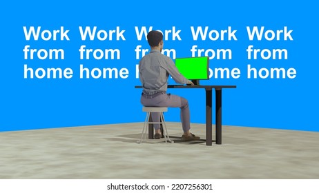 CGI 3D Man Working Using A Computer Sitting In The Desk Blue Background With Typography