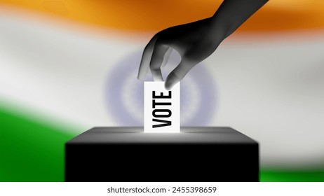 CGI hand casting vote in a ballot box. Indian flag in background. 3d render.