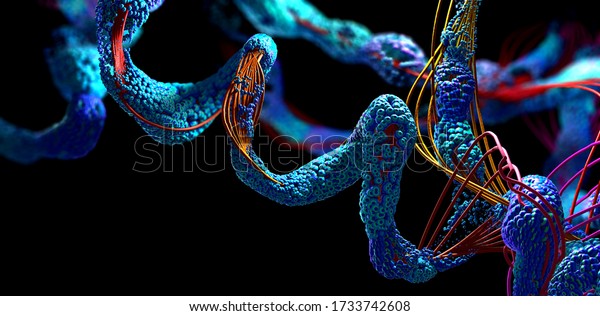 Chain of amino acid or bio molecules called\
protein - 3d\
illustration