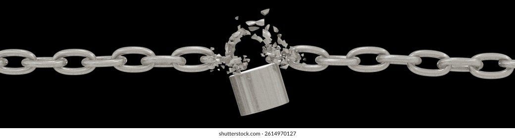 Chain Break 3D: Padlock hook shattered, chains snapping. Concept of overcoming obstacles, achieving freedom.