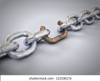 A chain with a broken, rusted and weak link
