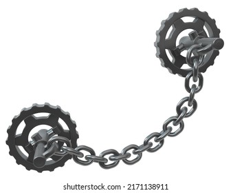 Chain Gear Pair Abstract Grey Metal 3d Illustration, Isolated, Horizontal, Over White