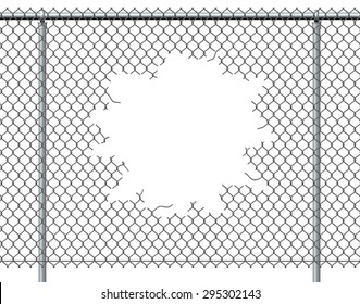 Chain Link Fence Hole With Blank Copy Space Isolated On A White Background Burst With Ripped Chainlink Metal Wire Punctured Or Punched Open As A Breakthrough Blowout Freedom And Escape Symbol.