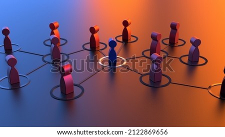 Chain of red human figurines connected by black lines under blue-orange lighting. Cooperation and interaction between people and employees. Dissemination of information in society, rumors. 3D CG.