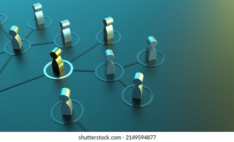 Стоковая иллюстрация: Chain of silver human figurines connected by black lines under blue-yellow lighting. Cooperation and interaction between people and employees. Dissemination of information in society, rumors. 3D CG.