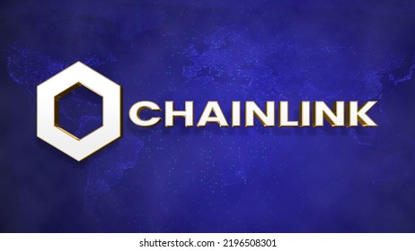 Chainlink Cryptocurrency Coin Logo Symbol Illustration 3D Banner On World Map Illustration Background. Decentralized Blockchain Illustration Wallpaper