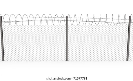 Chainlink Fence With Barbed Wire On Top  Isolated On White Background, Front View