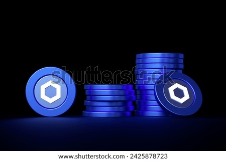 Chainlink Link cryptocurrency coin stacks on dark background. Design suitable to illustrate altcoin and blockchain concepts. High quality 3D rendering.