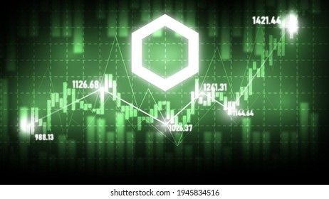 Chainlink (LINK) Cryptocurrency Symbol With Stock-market Diagram In Glowing Green Color Background.Price Rise,high Profit,going Up Digital And Technology Concept.