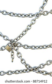 chains are joined together by padlock  isolated white 