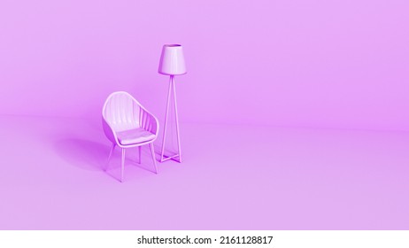 Chair, Armchair And Floor Lamp Pink, Purple. 3d Graphics. Monochromatic Interior.