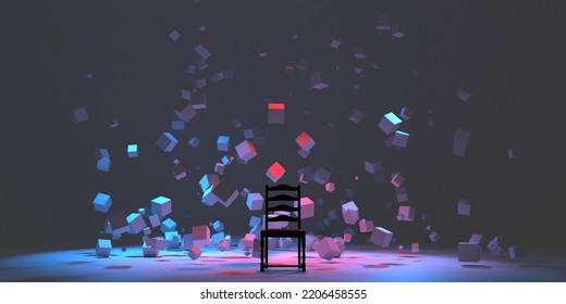 Chair And Cubes Flying Randomly On Dark Gray Background. Geometry Shapes Levitates In Zero Gravity. Furniture For Home. Creative Advertising Brand Promotion. 3D Render. 3D Illustration