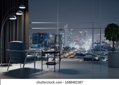 Chair And Decorative Table In Cozy Living Room With Night City View. Design And Style Concept. 3D Rendering