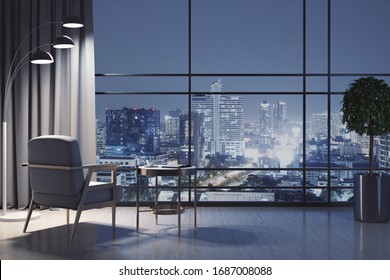 Chair And Decorative Table In Luxury Living Room With Night City View. Design And Style Concept. 3D Rendering