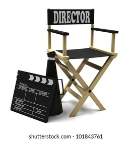 Chair Director, Movie Clapper And Megaphone On White Background