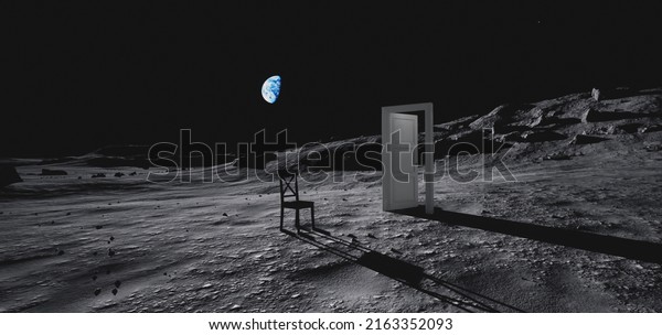chair and door on the surface of the\
moon.the earth visible from the moon.3D\
render