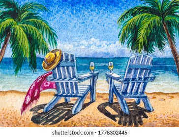 Chair Lounges On The Beach Shore. Tropical Nature With Palm Trees. Florida Summer Vacations. Watercolor Painting.