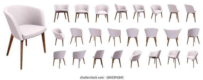 Chair, stool, 3d model group render in high resolution with many positions such as side view, front view, back view, three-quarters.