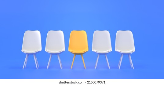 Chairs Standing In Row, One Yellow Seat Among Many White, Front View. Hiring And Recruiting Concept. Job Opportunity, Search New Talent, Vacancy, Hire Staff, 3d Render Illustration Of Vacant Seat