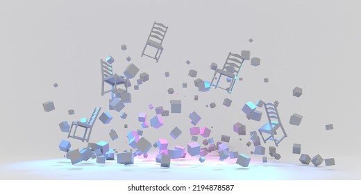 Chairs, Stools Fall, And Cubes Flying Randomly On Gray Background. Workplace Seat Levitates In Zero Gravity. Falling Prices, Sale Of Furniture For Home. Creative Advertising Brand. 3D Illustration