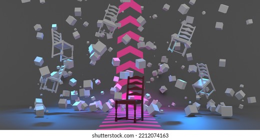 Chairs, Stools Fall, And Cubes Flying Randomly On Gray Background. Workplace Seat Levitates In Zero Gravity. Falling Prices, Sale Of Furniture For Home. Creative Advertising Brand. 3D Illustration