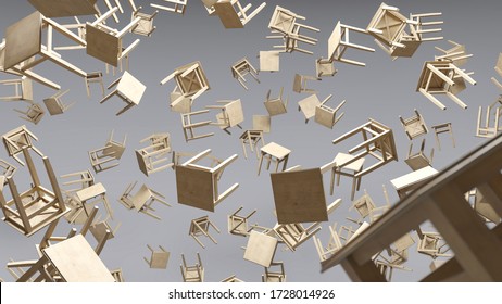 Chairs, Stools Fall, Fly Randomly On Gray Background. Workplace Seat Levitates In Zero Gravity. 3d Render Illustration. Falling Prices, Sale Of Furniture For Home. Creative Advertising Brand Promotion