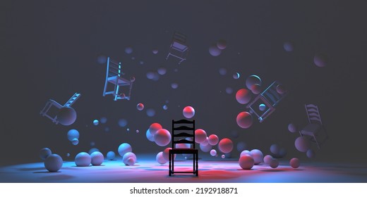 Chairs, Stools Fall, Fly Randomly On Dark Gray Background. Workplace Seat Levitates In Zero Gravity. Falling Prices, Sale Of Furniture For Home. Creative Advertising Brand Promotion. 3D Illustration