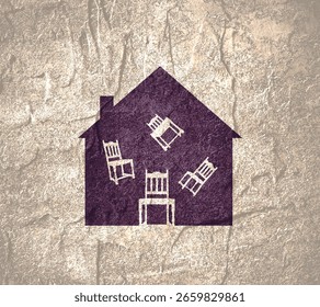 Chairs, stools fall, fly randomly in house. Workplace seat levitates in zero gravity. Falling prices, sale of furniture for home. Creative advertising brand promotion.