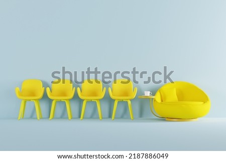 Chairs in the waiting room and one very comfortable for VIP. The concept of equality, wealth giving privileges. 3d render, 3d illustration. 商業照片 © 