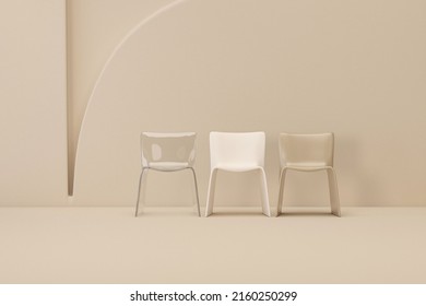 Chairs In White And Transparent, Beige Background. Concept Of Minimalism.  Trendy 3d Rendering For Social Media Banners, Promotion, Cosmetics Trade Show, Time Concept, Studio