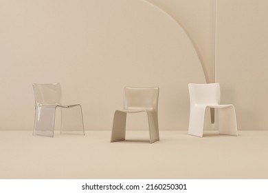 Chairs In White And Transparent, Beige Background. Concept Of Minimalism.  Trendy 3d Rendering For Social Media Banners, Promotion, Cosmetics Trade Show, Time Concept, Studio