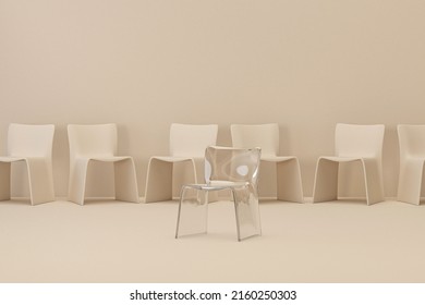 Chairs In White And Transparent, Beige Background. Concept Of Minimalism.  Trendy 3d Rendering For Social Media Banners, Promotion, Cosmetics Trade Show, Time Concept, Studio