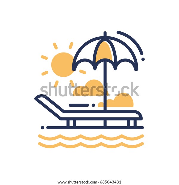 茶色の長い モダンな単線のアイコン 海岸 傘 太陽 雲 海 海 海の上のデッキチェアの画像 リラックス 休暇 旅行 楽しい時間の表現 のイラスト素材