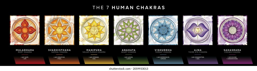 Chakra symbols set on dark background with affirmations for meditation and energy healing