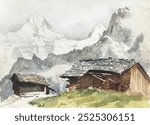 Chalets, Breithorn, Murren (1870) by John Singer Sargent. Mountain landscape. Vintage mountain landscape art drawing illustration, old painting landscape art print of mountain.