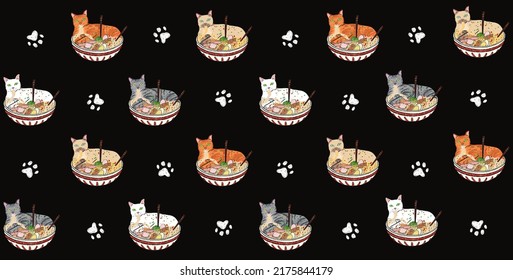 Chalk Art Texture Of Kawaii Cute Brown, Orange Tabby, And Gray Cat Inside A Ramen Pulled Noodle Bowl Slurping Strands Of Noodles Seamless Pattern In Light Blue Background For Dek Mat Graphic Design