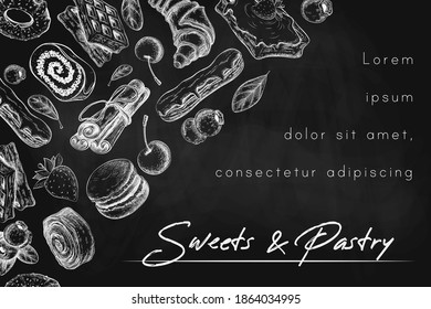 chalk bakery or pastry banner, background, frame or card template on black chalkboard. illustration of sweet desserts, pastries and berries on blackboard. vintage style. for bakery, baking shop - Powered by Shutterstock