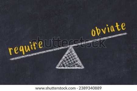 Chalk drawing of scales with words require and obviate on black board. Concept of balance