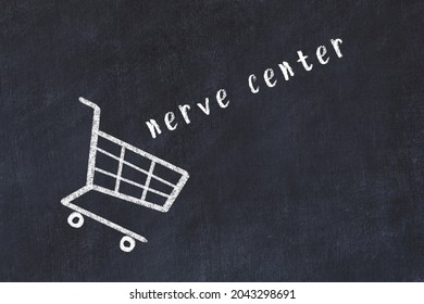 Chalk Drawing Of Shopping Cart And Word Nerve Center On Black Chalboard. Concept Of Globalization And Mass Consuming.