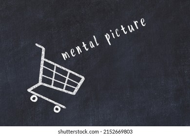 Chalk Drawing Of Shopping Cart And Word Mental Picture On Black Chalboard. Concept Of Globalization And Mass Consuming.