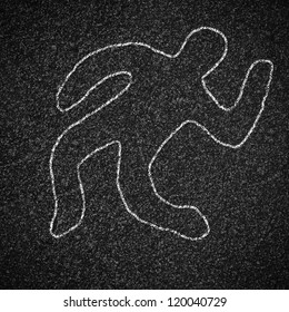 Chalk Outline Of Dead Body On Asphalt Road