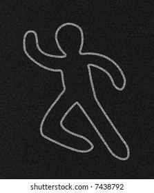 Chalk Outline Of A Person On Black Asphalt Textured Pavement.