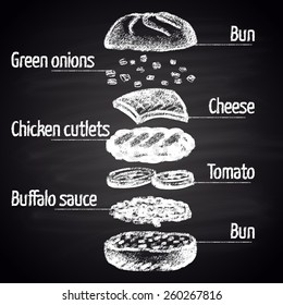  Chalk Painted Buffalo Chicken Burger Ingredients. Infographic.