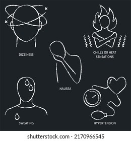 Chalkboard illness symptoms icon set. Chills or heat sensations, sweating, nausea, dizziness and hypertension.