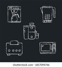 Chalkboard Kitchen Smart Gadgets Icon Collection. Sketch Symbols Set On Blackboard. Coffee Machine, Smart Toaster, Microwave Oven, Juicer And Kettle.