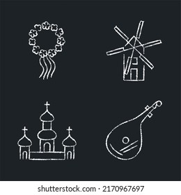 Chalkboard Ukrainian national symbols icon set. Windmill, christian church, floral wreath and bandura symbols.